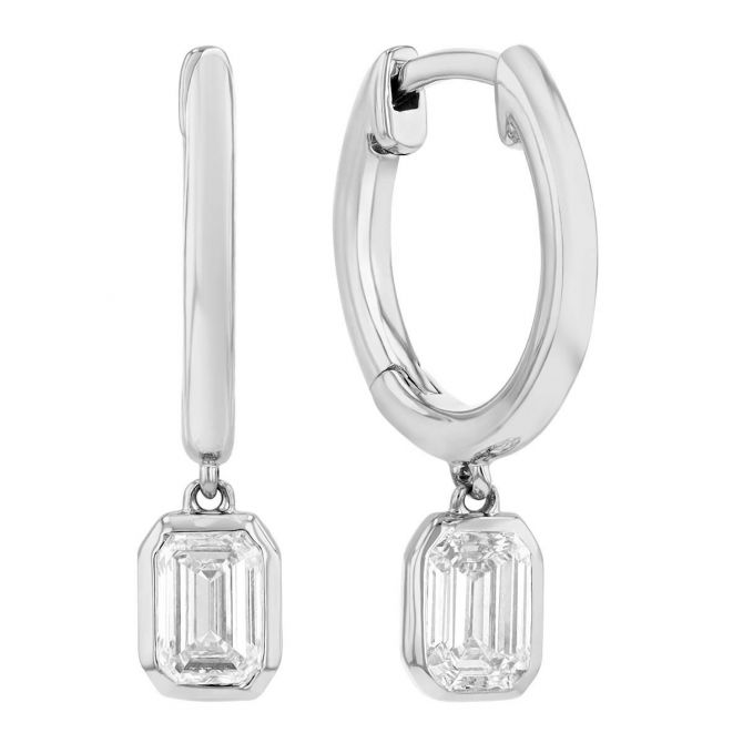 Borsheims Signature Collection Lab-Grown Emerald Cut Diamond Bezel Drop Hoop Earrings in White Gold