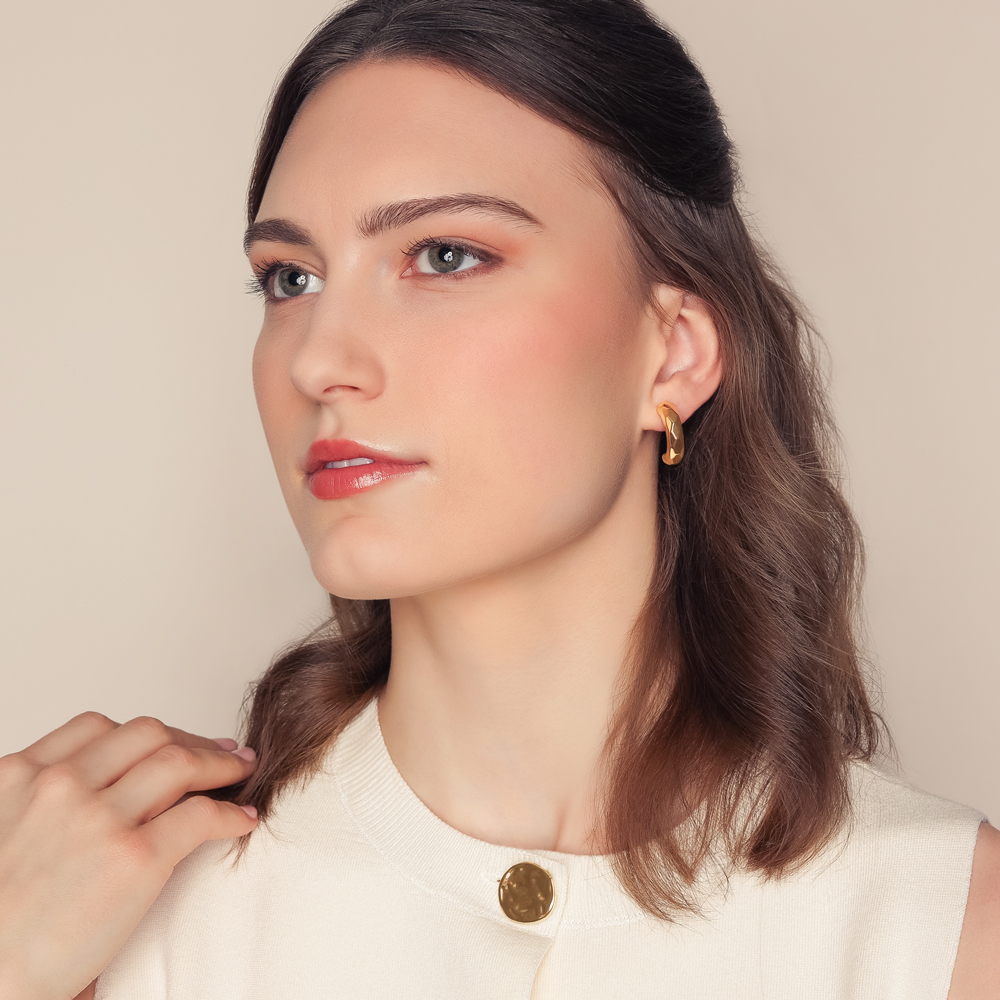 Yellow Gold Faceted Half Hoop Earrings