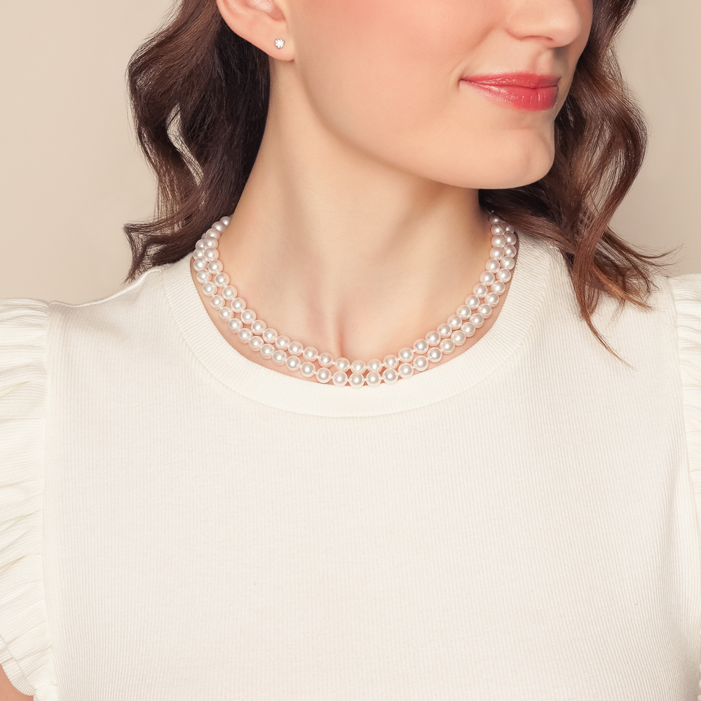 TARA Pearls White Cultured Pearl Double Strand Necklace with Diamond White Gold Clasp, 17.5