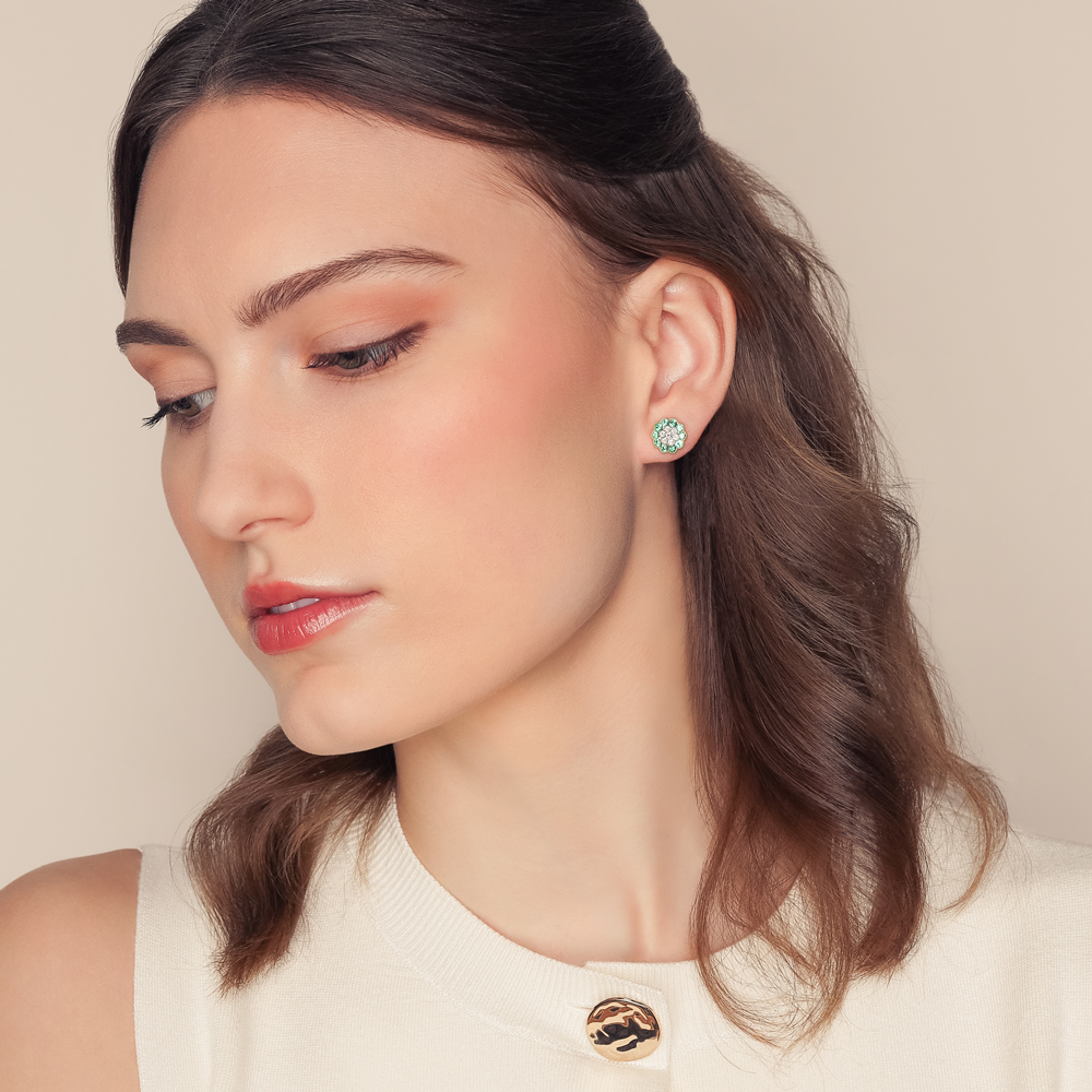 Emerald & Diamond Cluster Floral Stud Earrings in Yellow Gold