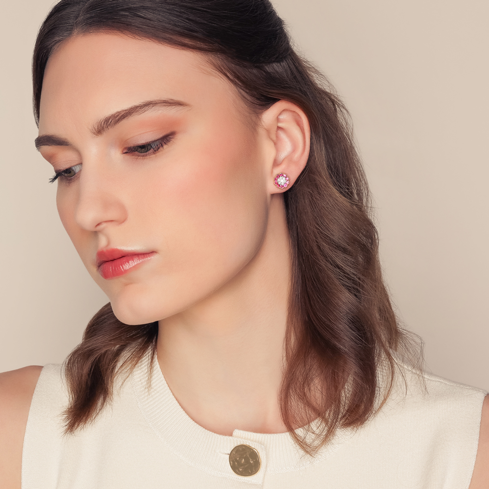Ruby & Diamond Cluster Floral Stud Earrings in Yellow Gold