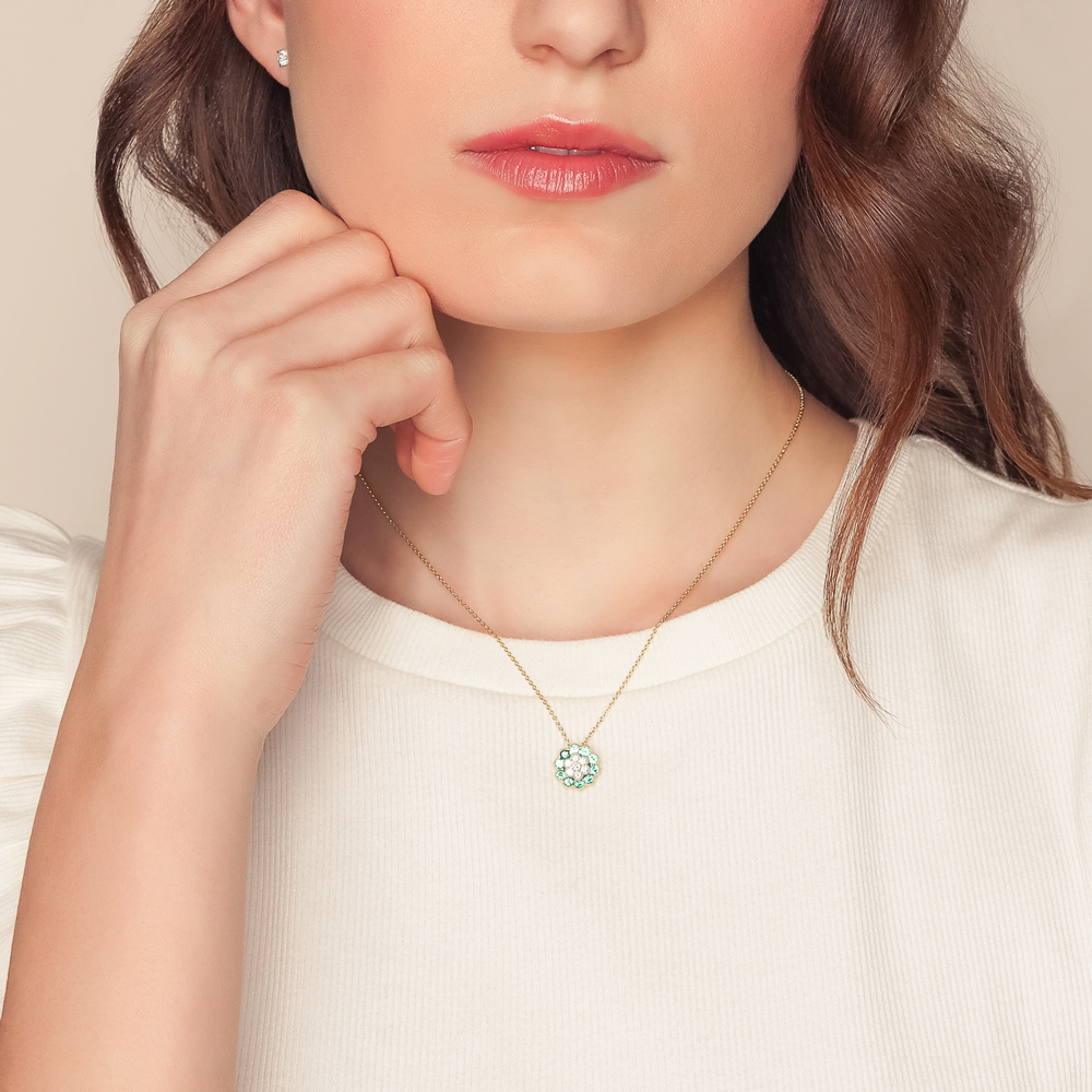 Emerald & Diamond Cluster Floral Pendant in Yellow Gold