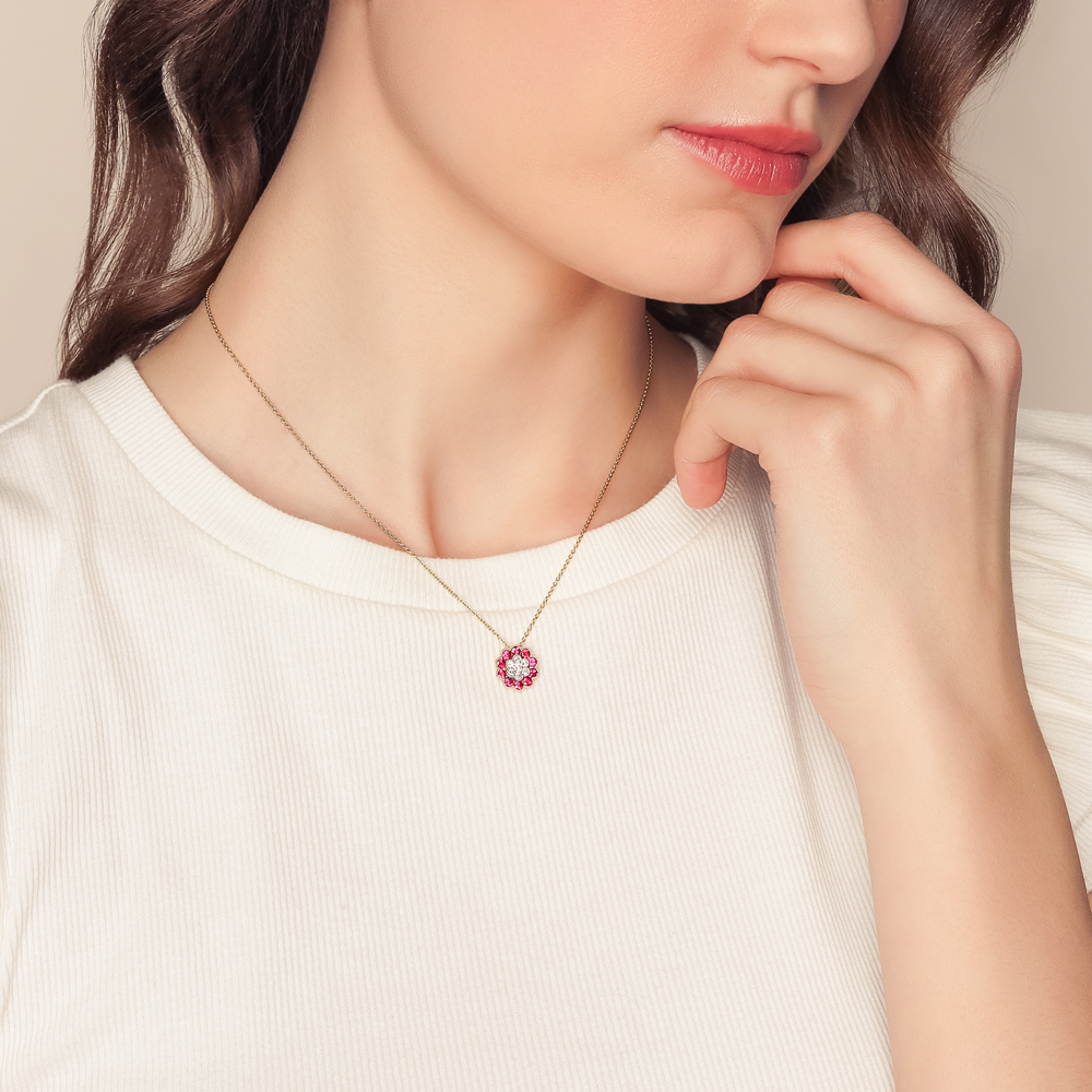 Ruby & Diamond Cluster Floral Pendant in Yellow Gold