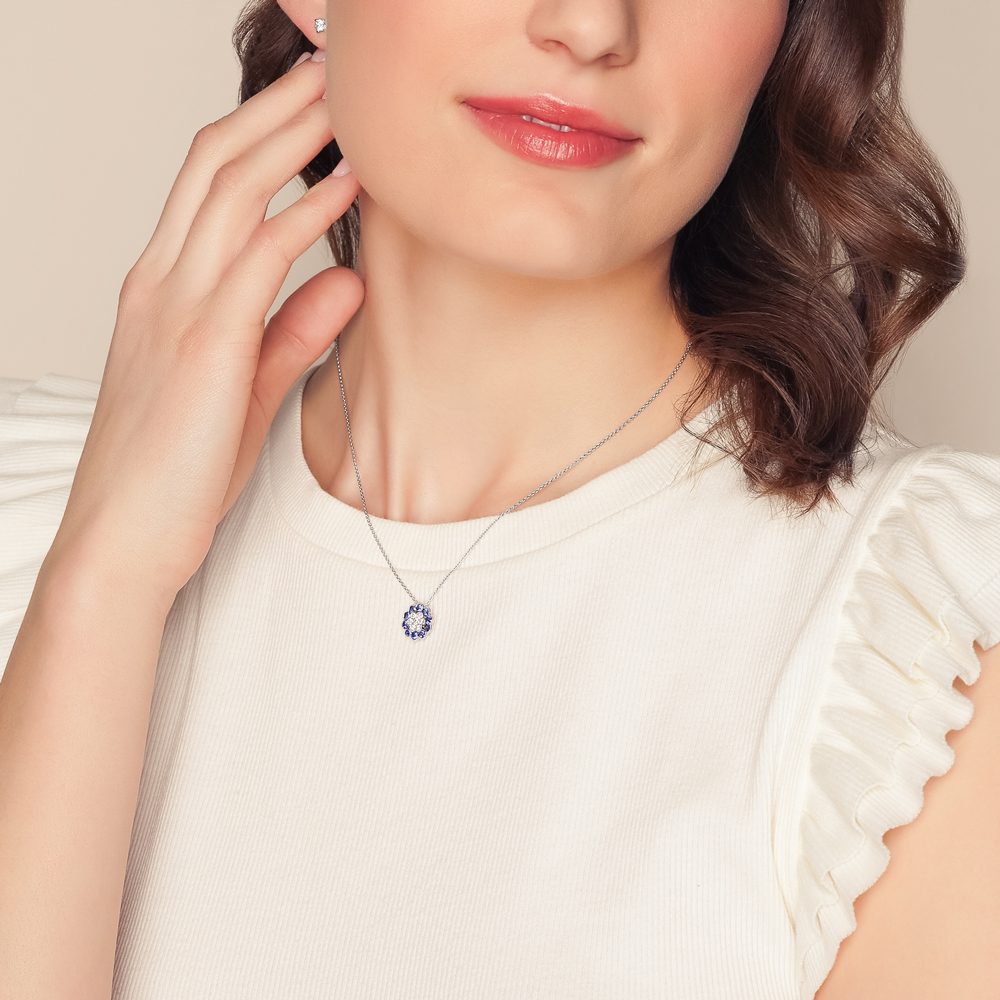 Sapphire & Diamond Cluster Floral Pendant in White Gold