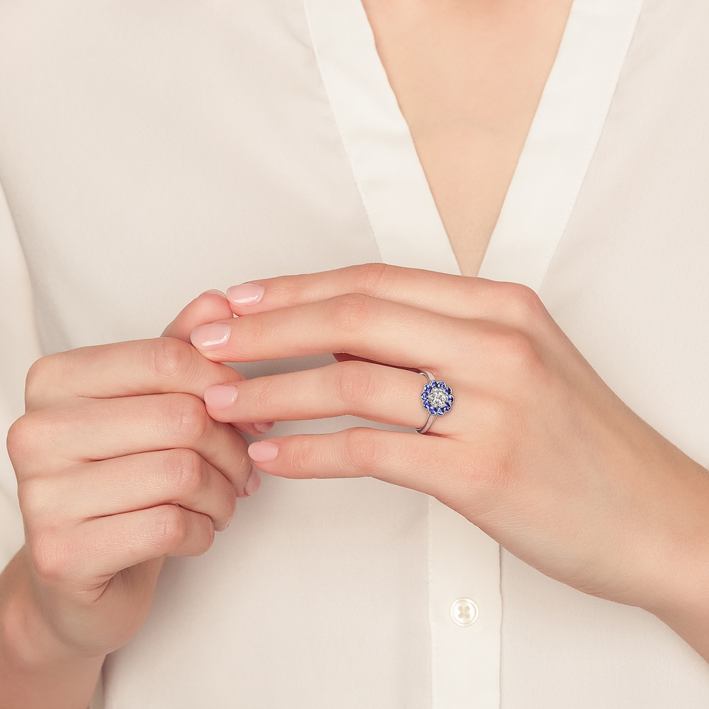 Sapphire & Diamond Cluster Floral Ring in White Gold