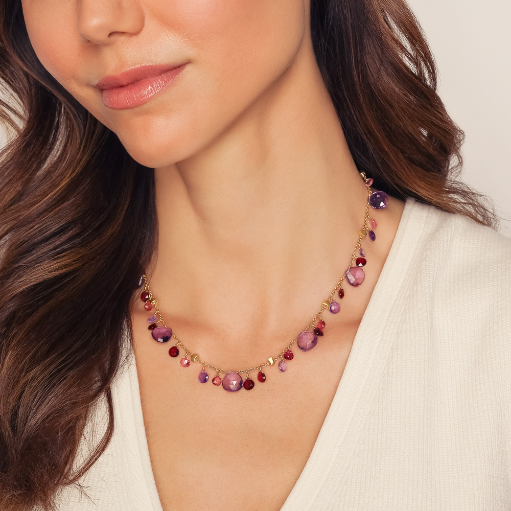 Marco Bicego Paradise Purple & Pink Mixed Gemstone Dangle Station Necklace in Yellow Gold, 16.5