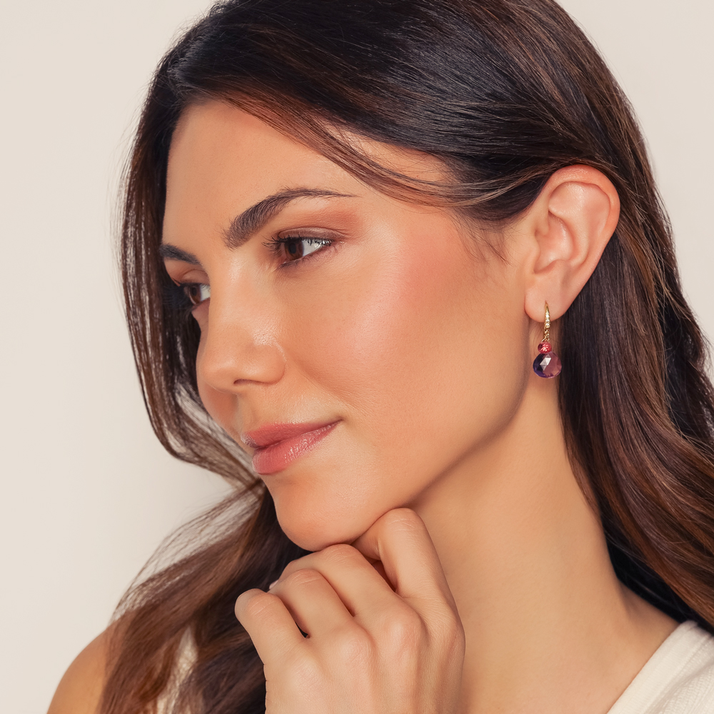 Marco Bicego Paradise Purple & Pink Mixed Gemstone Duo Dangle Earrings in Yellow Gold