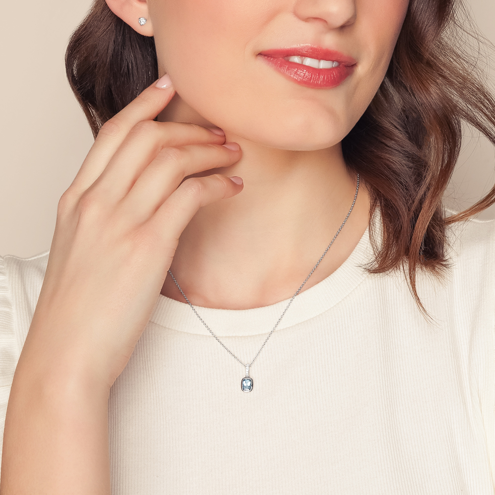 Bezel Set Cushion Checkerboard Aquamarine & Diamond Pendant in White Gold, 18
