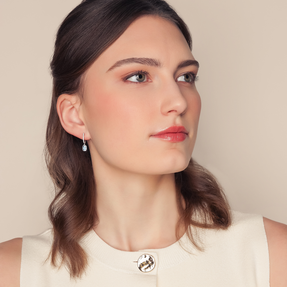 Bezel Set Cushion Checkerboard Aquamarine & Diamond Dangle Hoop Earrings in White Gold