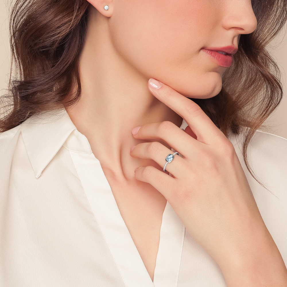 Bezel Set Cushion Checkerboard Aquamarine & Diamond Ring in White Gold