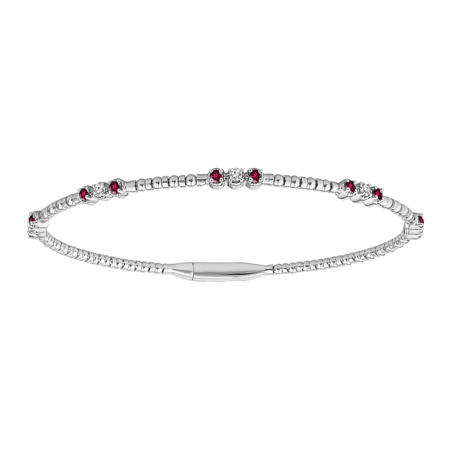 iDD Flexie Ruby & Diamond Station Beaded Flexible Bracelet in White Gold, 6.75