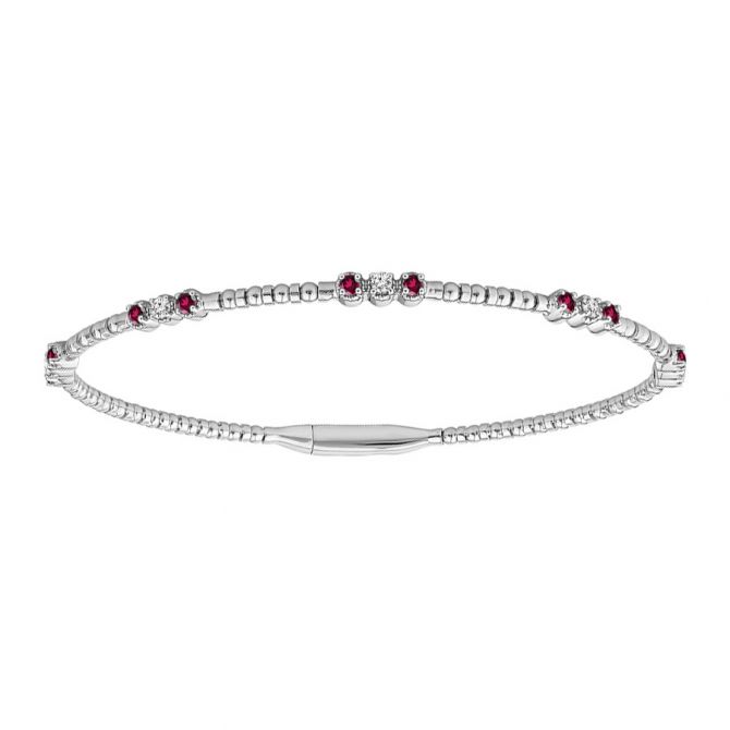 iDD Flexie Ruby & Diamond Station Beaded Flexible Bracelet in White Gold, 6.75"