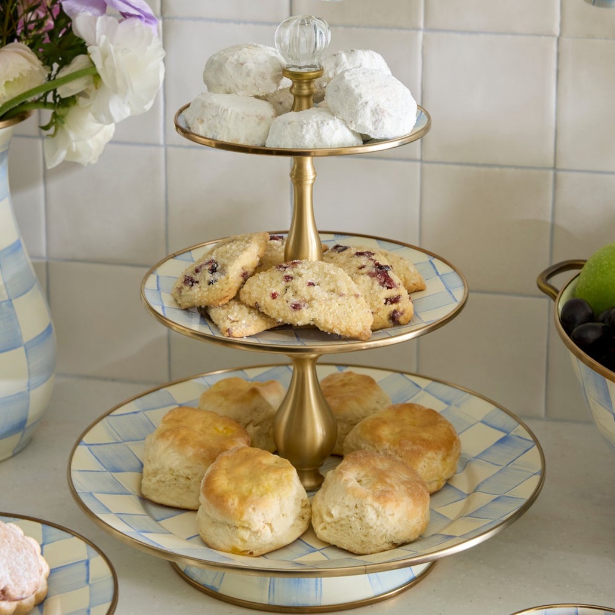 MacKenzie-Childs Three Tier Sweet Stand, Sky Check
