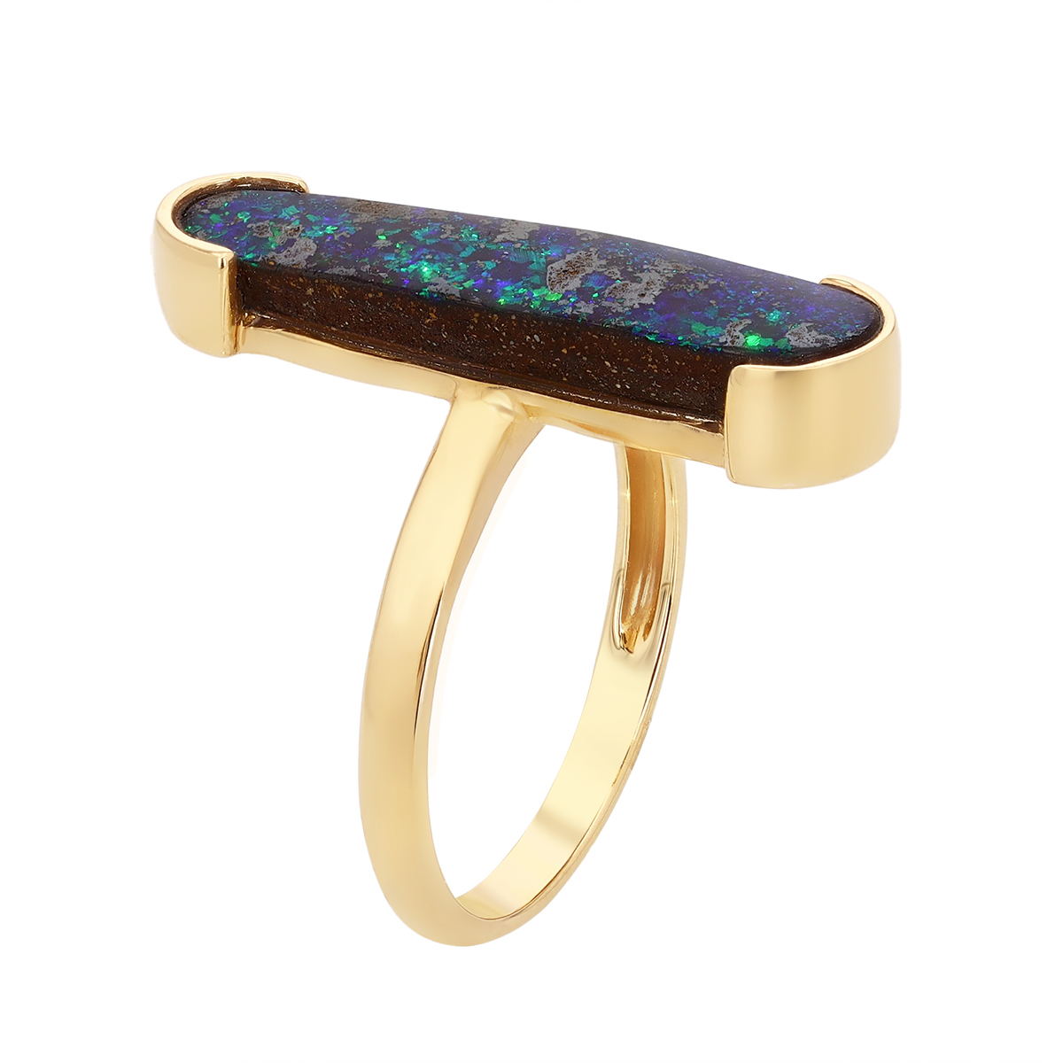 Split Bezel Elongated Oval Boulder Opal Ring in Yellow Gold