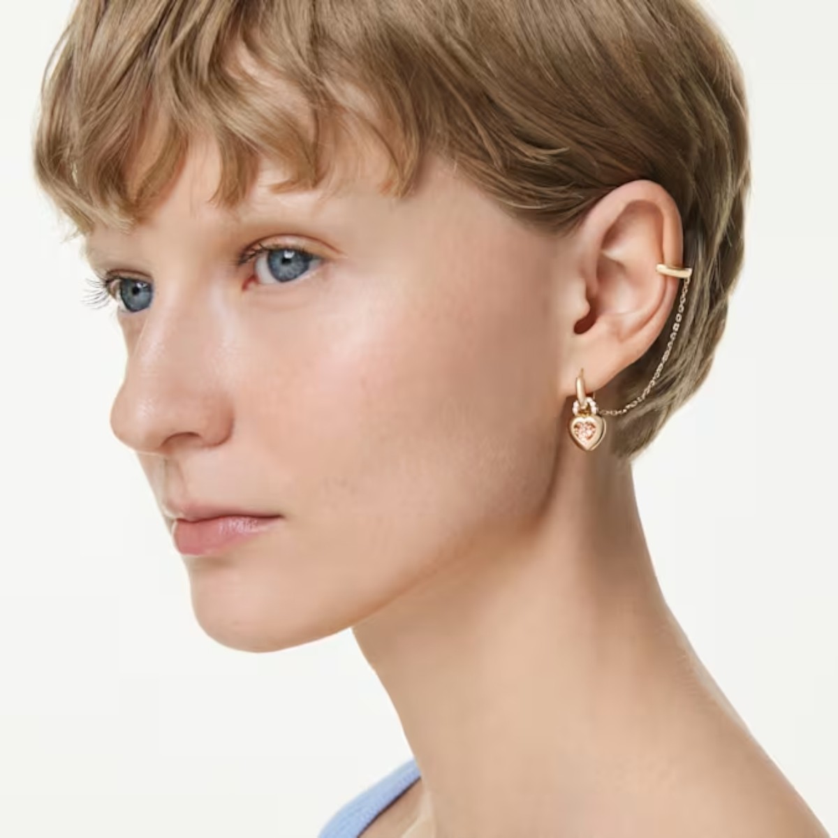 Swarovski Mixed Cuts Heart with Key Idyllia Drop Earrings with Ear Cuff, Pink and Gold Tone Plated