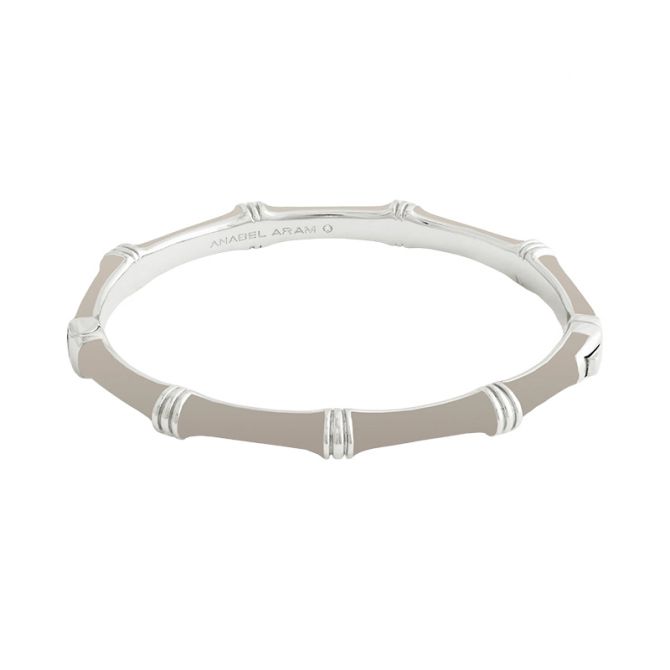 Anabel Aram Bamboo Enameled Hinged Bangle, Taupe with Silver Hardware