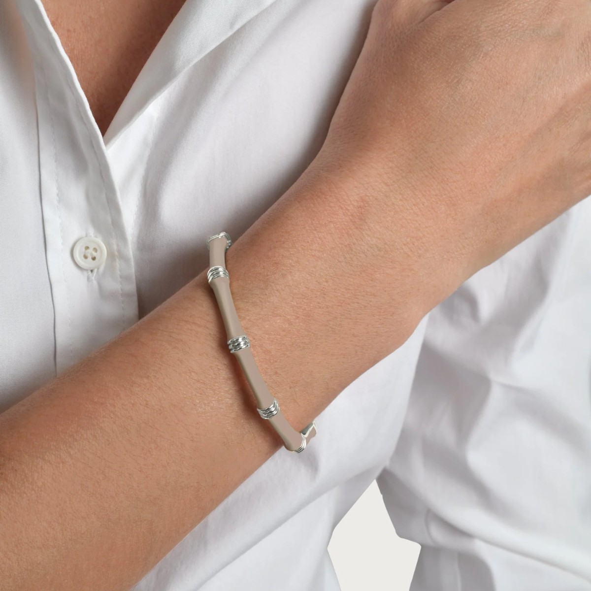 Anabel Aram Bamboo Enameled Hinged Bangle, Taupe with Silver Hardware