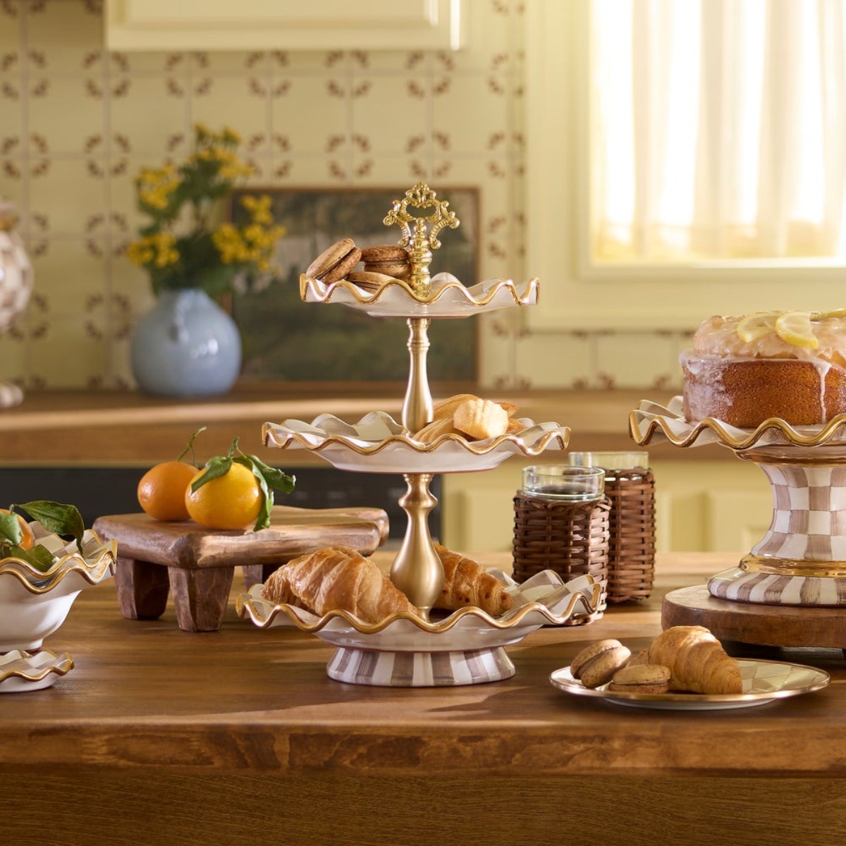 MacKenzie-Childs Three Tier Sweet Stand Server, Mocha Check