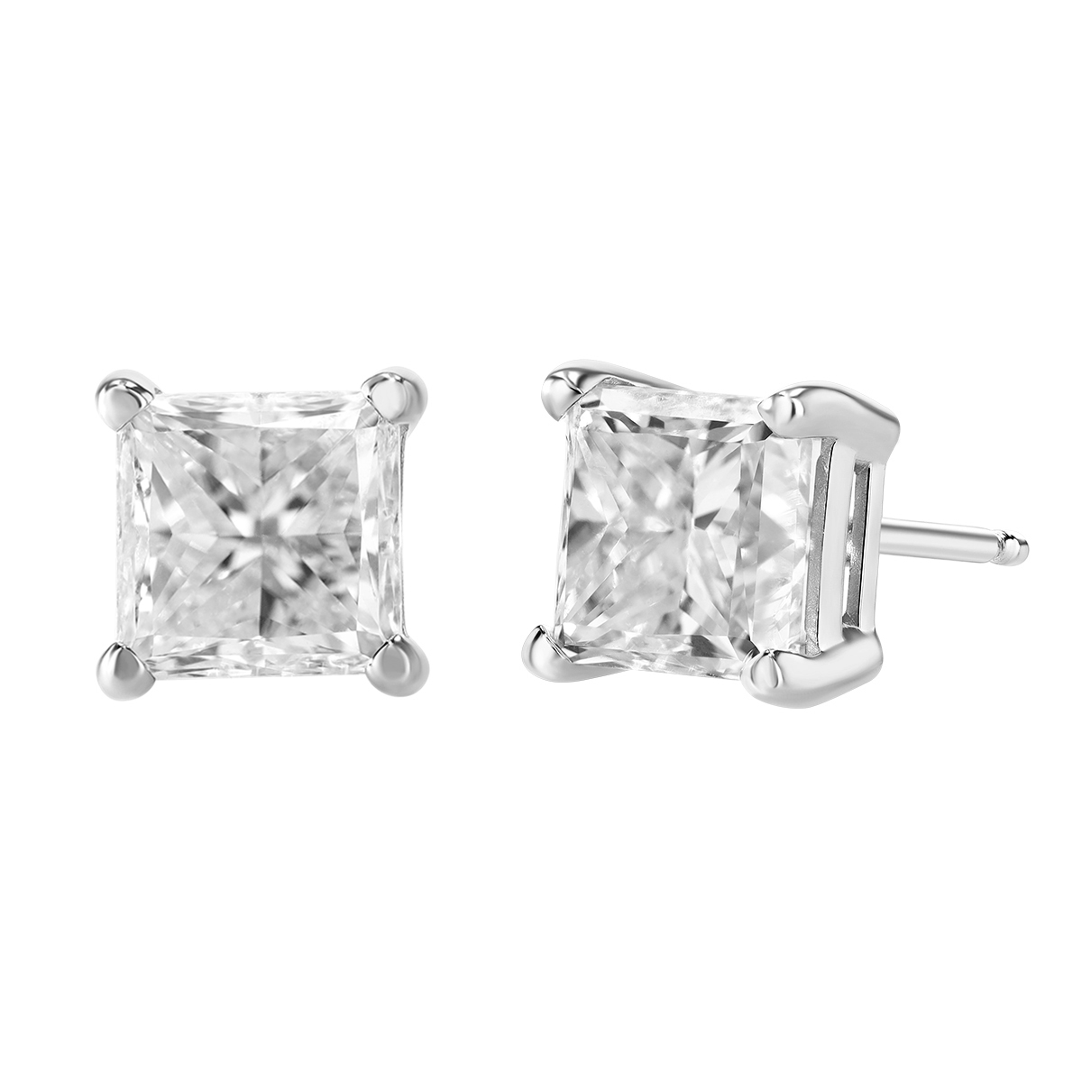 Princess Cut Diamond Stud Earrings in White Gold, IJ/SI1, 2.03 cttw