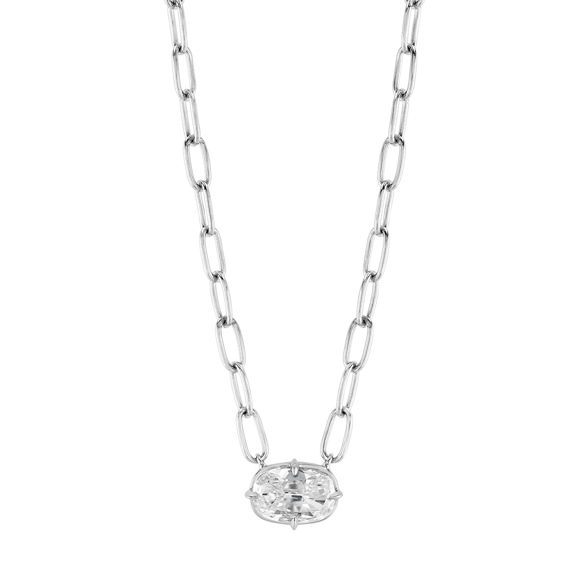 Oval Diamond Solitaire Pendant in White Gold, 16
