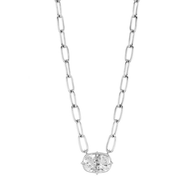 Oval Diamond Solitaire Pendant in White Gold, 16", 0.90 ct