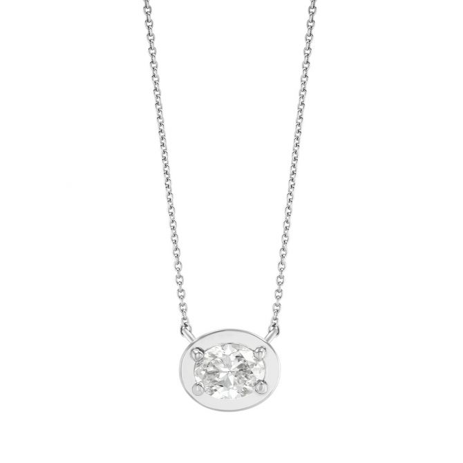 Oval Diamond Solitaire Pendant in White Gold, 16", 0.91 ct