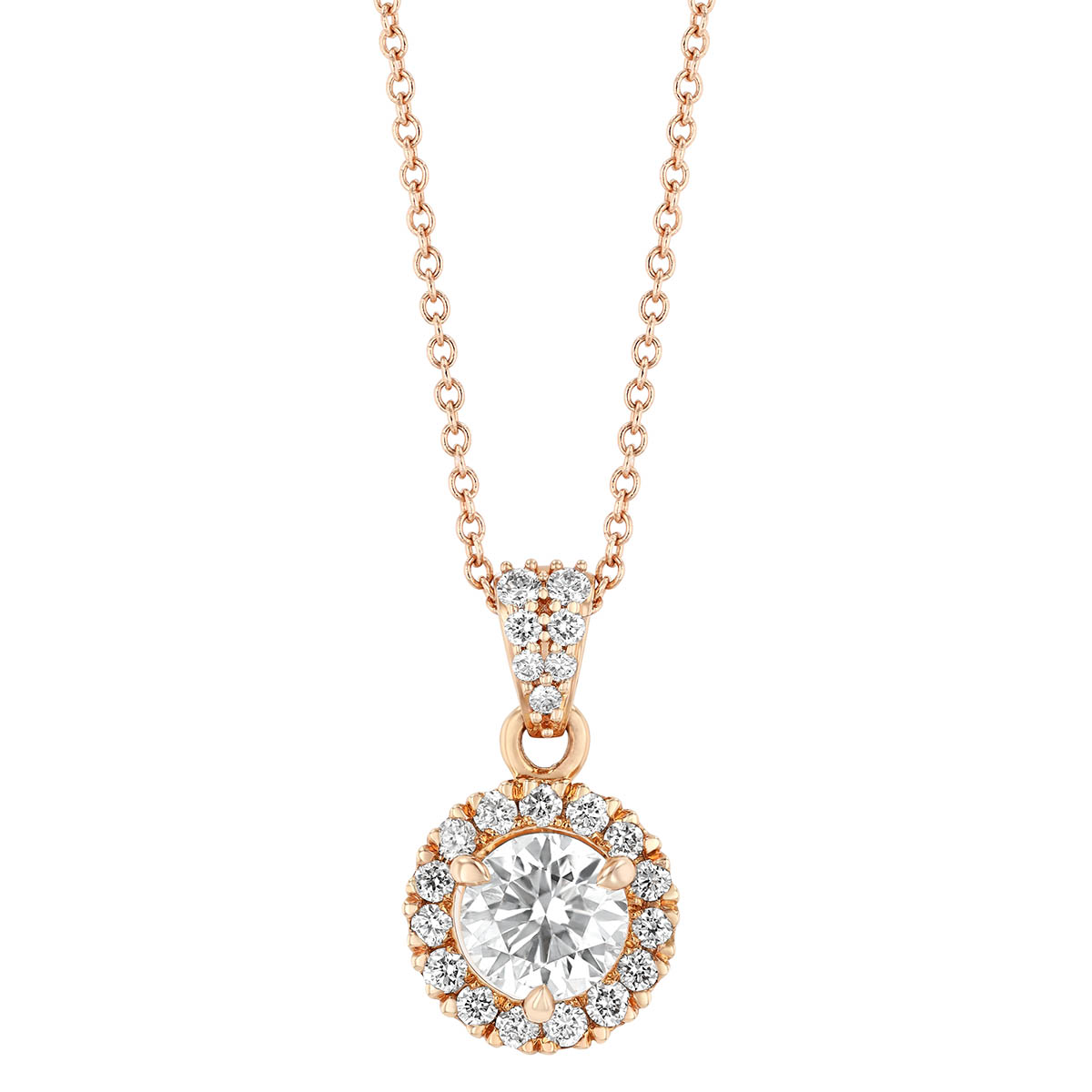 Round Diamond & Halo Pendant in Rose Gold, 18