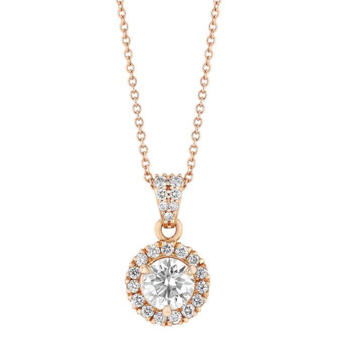 Round Diamond & Halo Pendant in Rose Gold, 18", 1.10 cttw