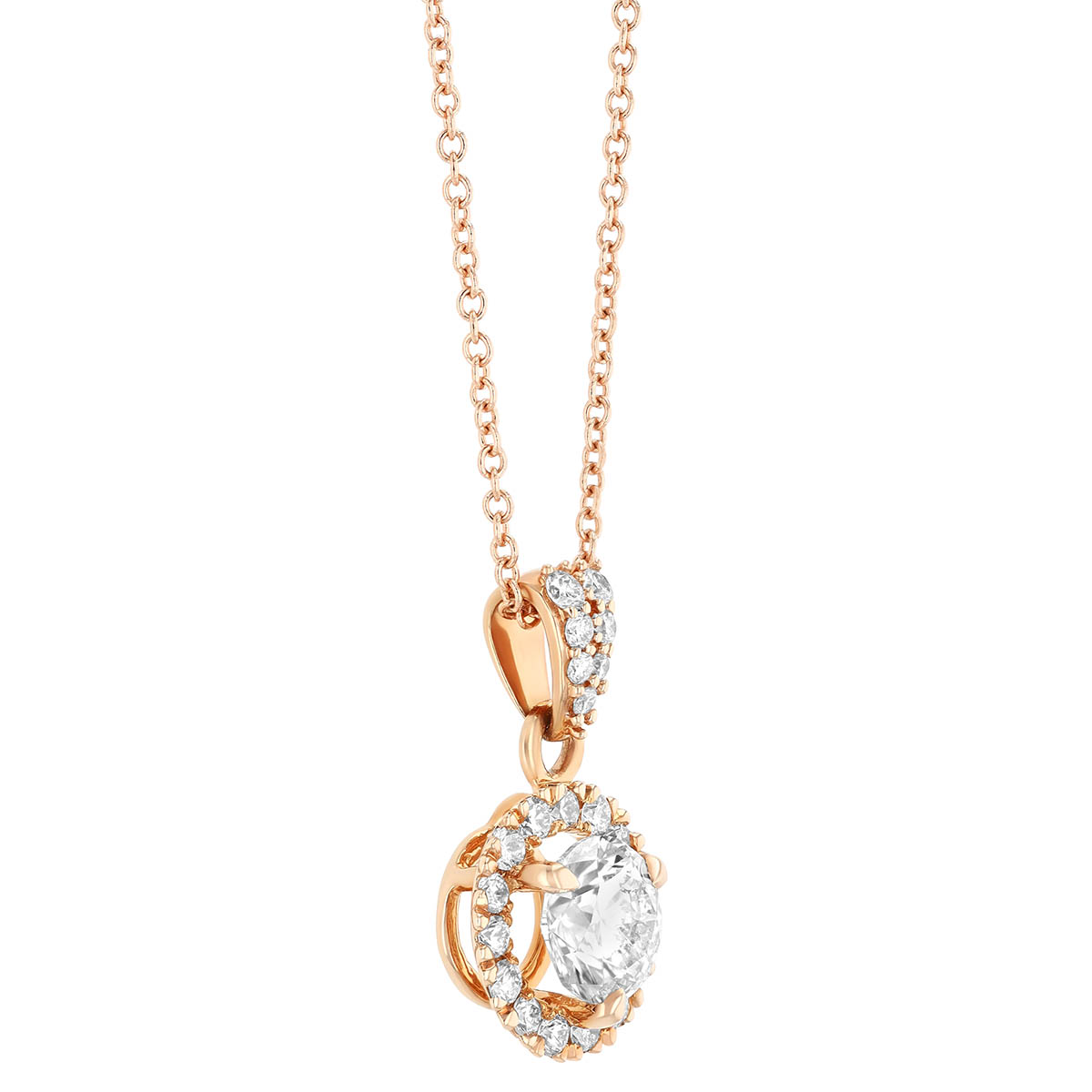 Round Diamond & Halo Pendant in Rose Gold, 18