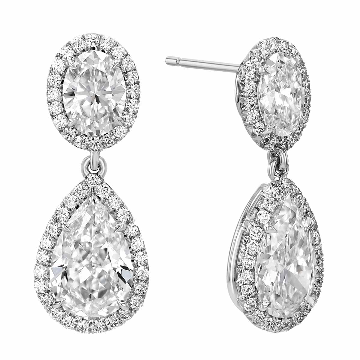 Pear & Oval Diamond with Halo Dangle Earrings in Platinum