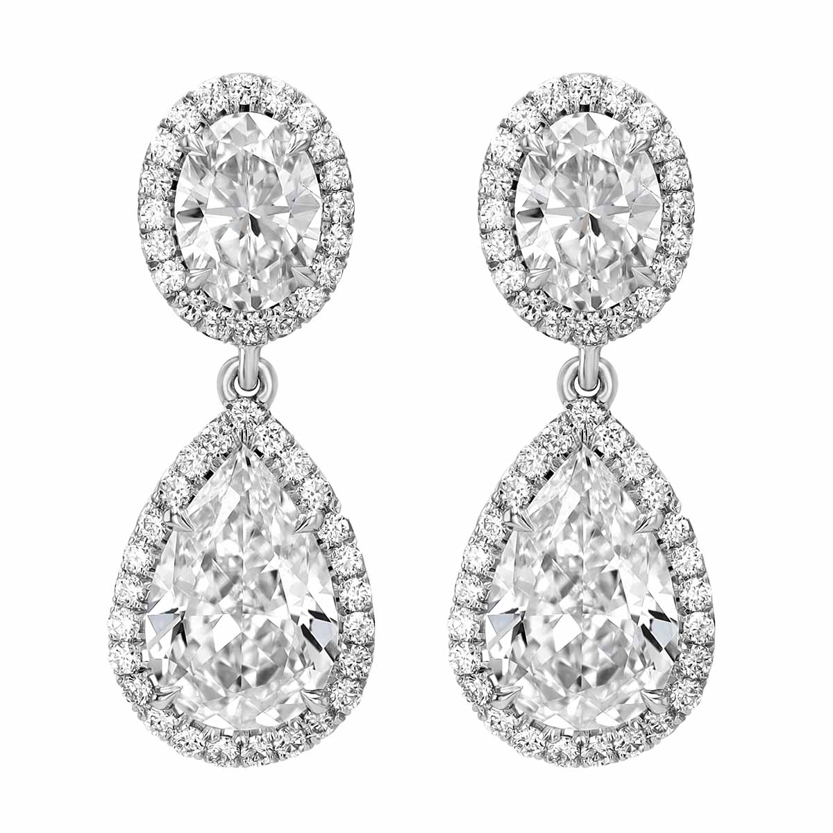 Pear & Oval Diamond with Halo Dangle Earrings in Platinum
