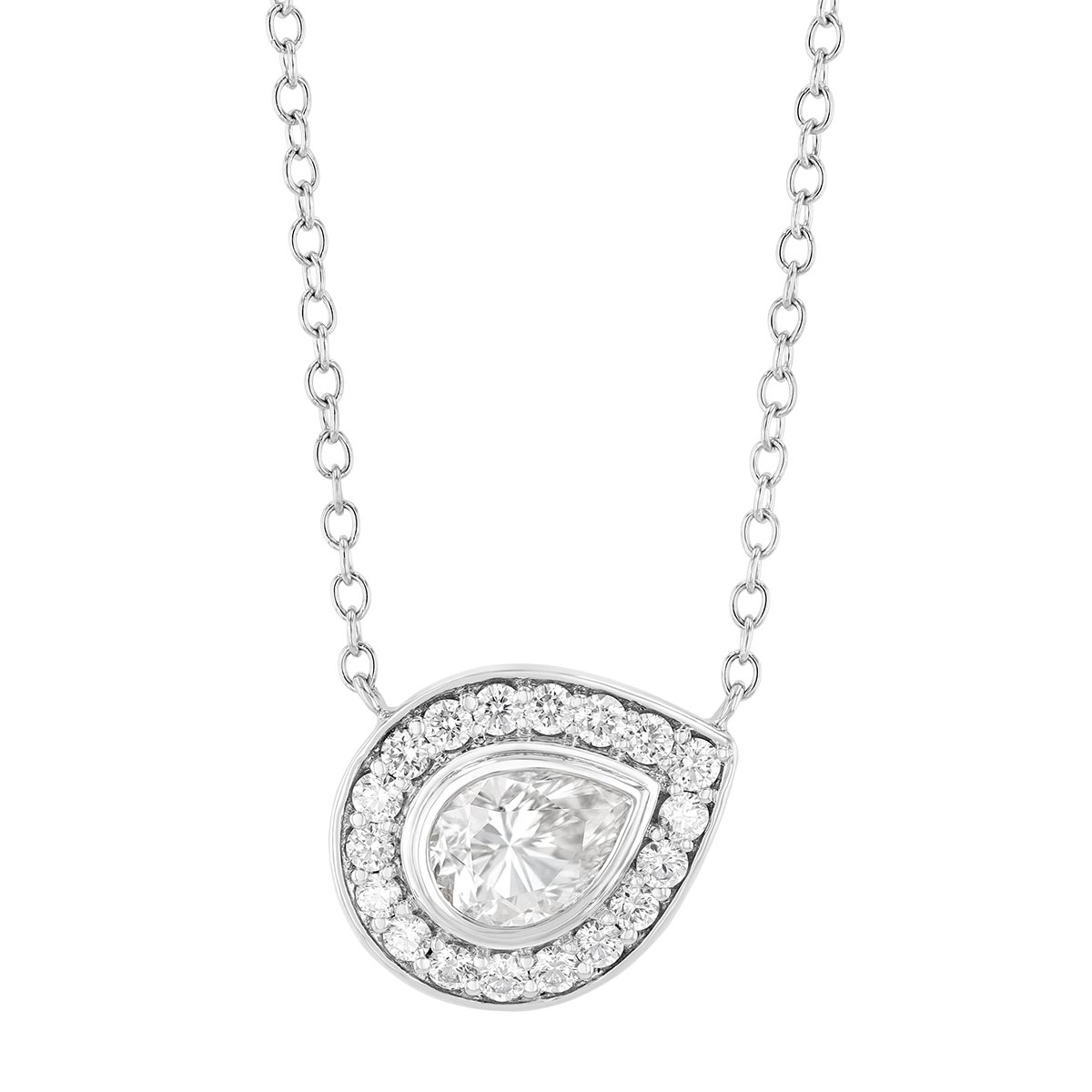 Bezel Set Pear Shape Diamond & Halo Pendant in White Gold, 18