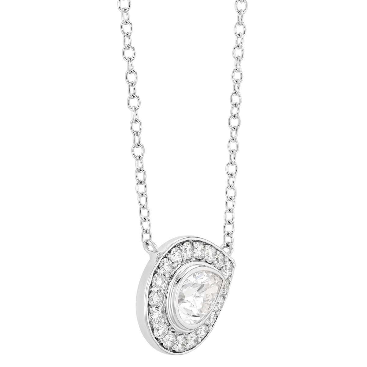 Bezel Set Pear Shape Diamond & Halo Pendant in White Gold, 18