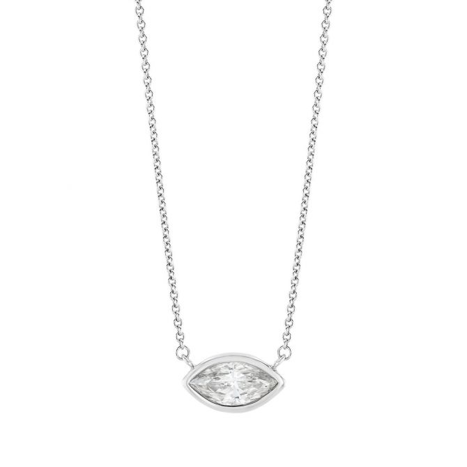 Bezel Set Marquise Diamond Solitaire Pendant in White Gold, 18", 0.66 ct