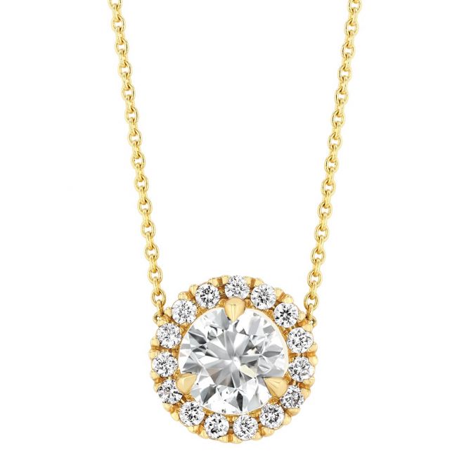 Round Diamond & Halo Pendant in Yellow Gold, 18", 1.14 cttw
