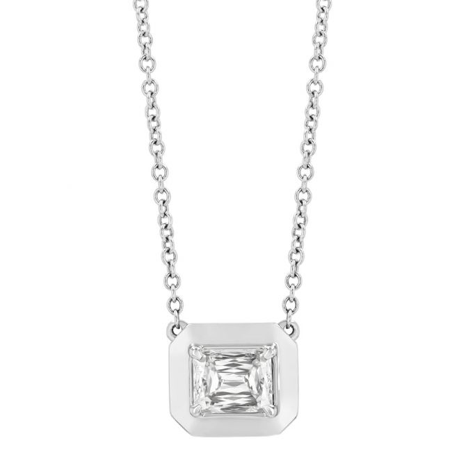 Crisscut Emerald Cut Diamond Solitaire Pendant in White Gold, 18", 0.72 ct