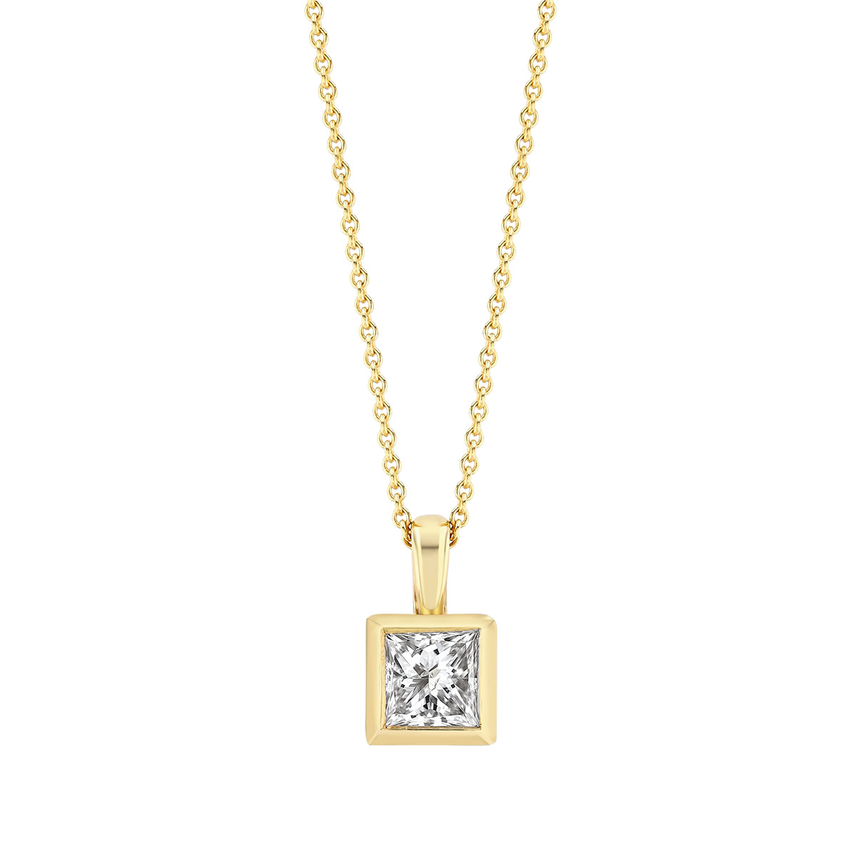 Bezel Set Princess Cut Diamond Solitaire Pendant in Yellow Gold, 18