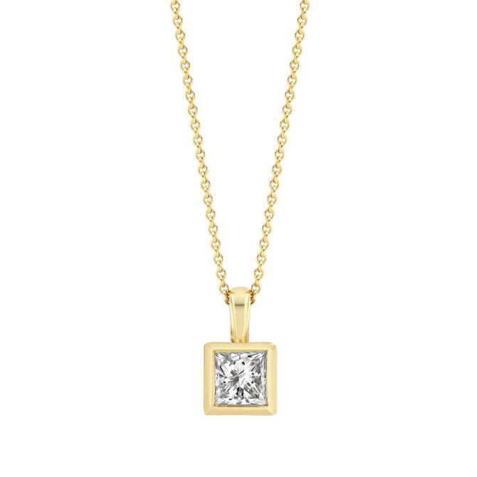 Bezel Set Princess Cut Diamond Solitaire Pendant in Yellow Gold, 18", 0.51 ct