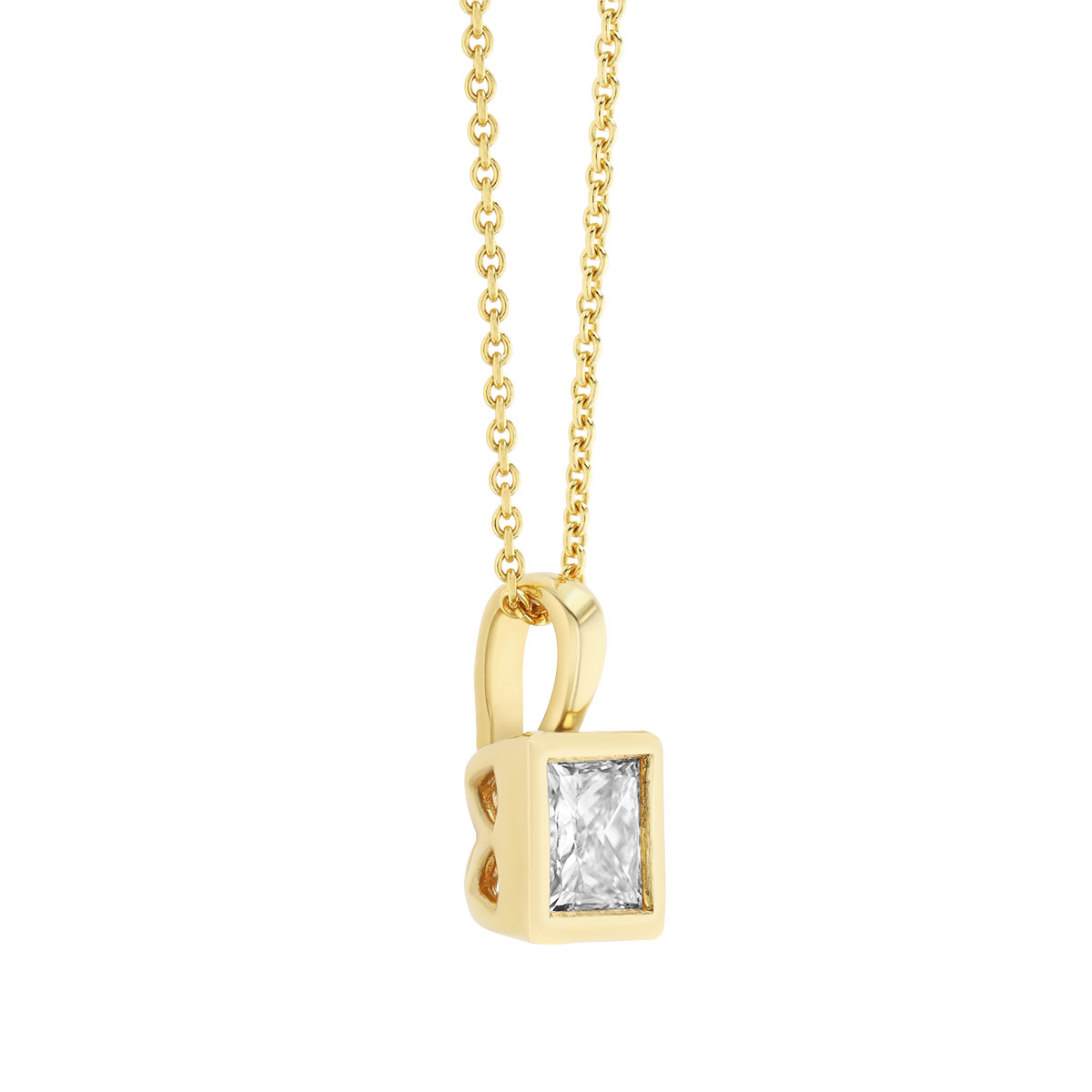 Bezel Set Princess Cut Diamond Solitaire Pendant in Yellow Gold, 18