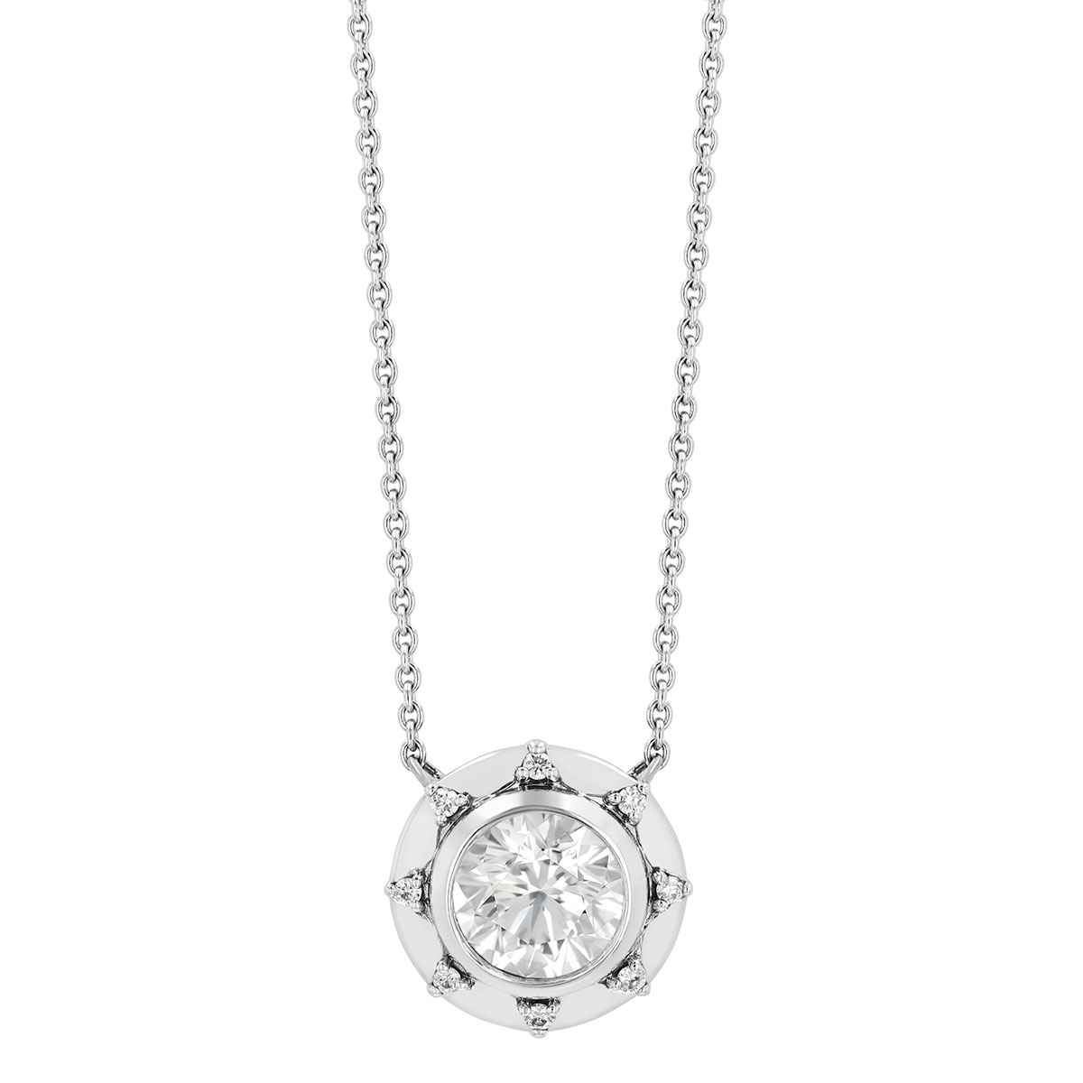 Bezel Set Round Diamond & Starburst Halo Pendant in White Gold, 18