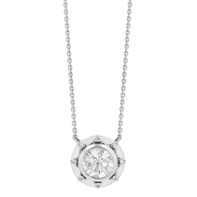 Bezel Set Round Diamond & Starburst Halo Pendant in White Gold, 18"