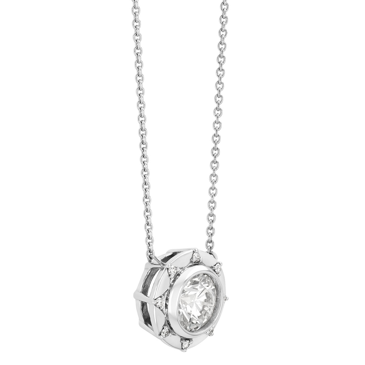 Bezel Set Round Diamond & Starburst Halo Pendant in White Gold, 18