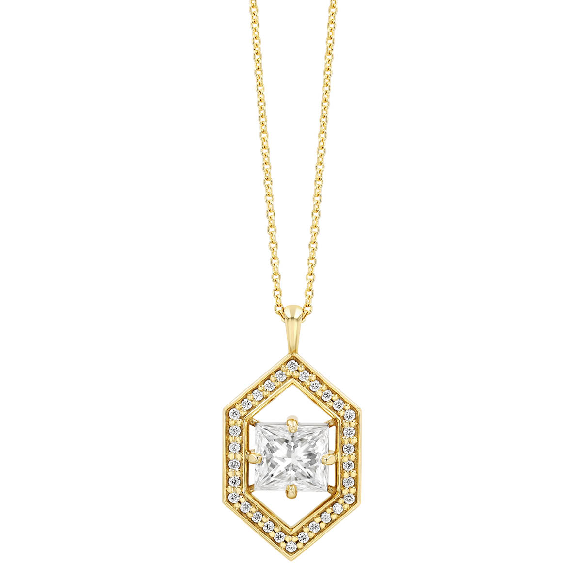Princess Cut Diamond & Diamond Hexagon Open Halo Pendant in Yellow Gold, 18