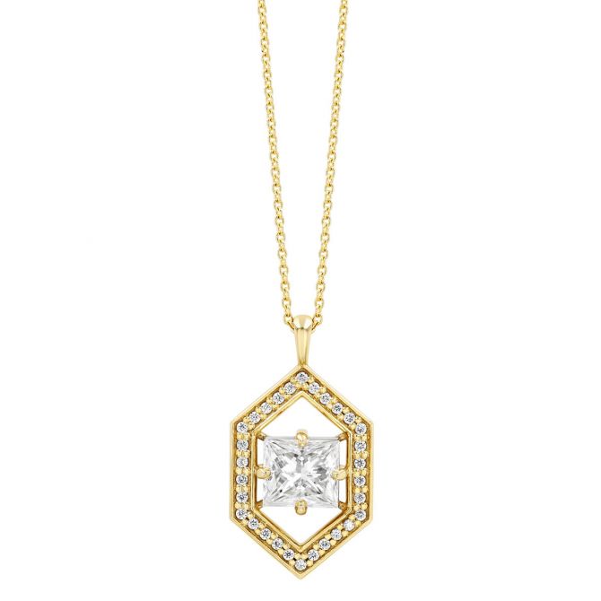 Princess Cut Diamond & Diamond Hexagon Open Halo Pendant in Yellow Gold, 18"