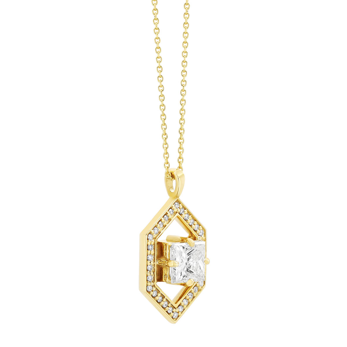 Princess Cut Diamond & Diamond Hexagon Open Halo Pendant in Yellow Gold, 18