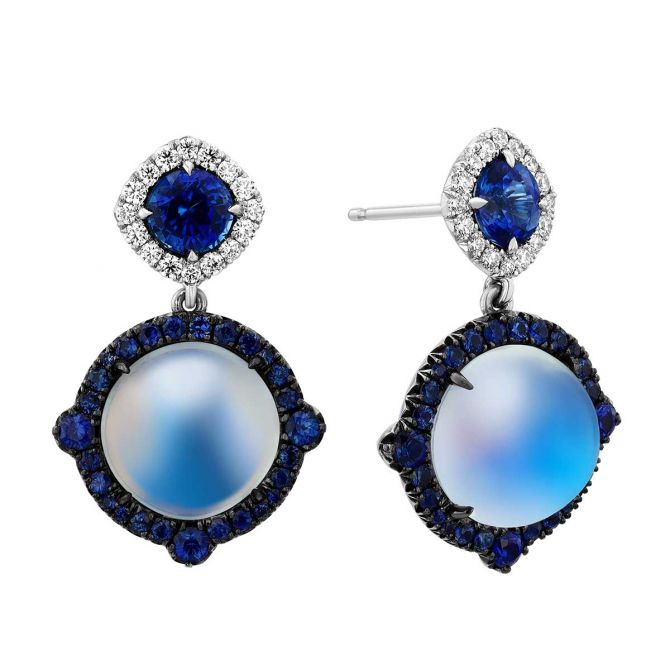 Moonstone, Sapphire, & Diamond Dangle Earrings in Black Rhodium & White Gold