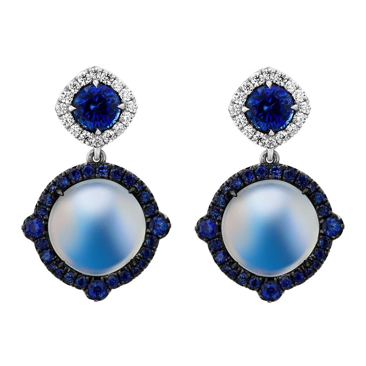 Moonstone, Sapphire, & Diamond Dangle Earrings in Black Rhodium & White Gold