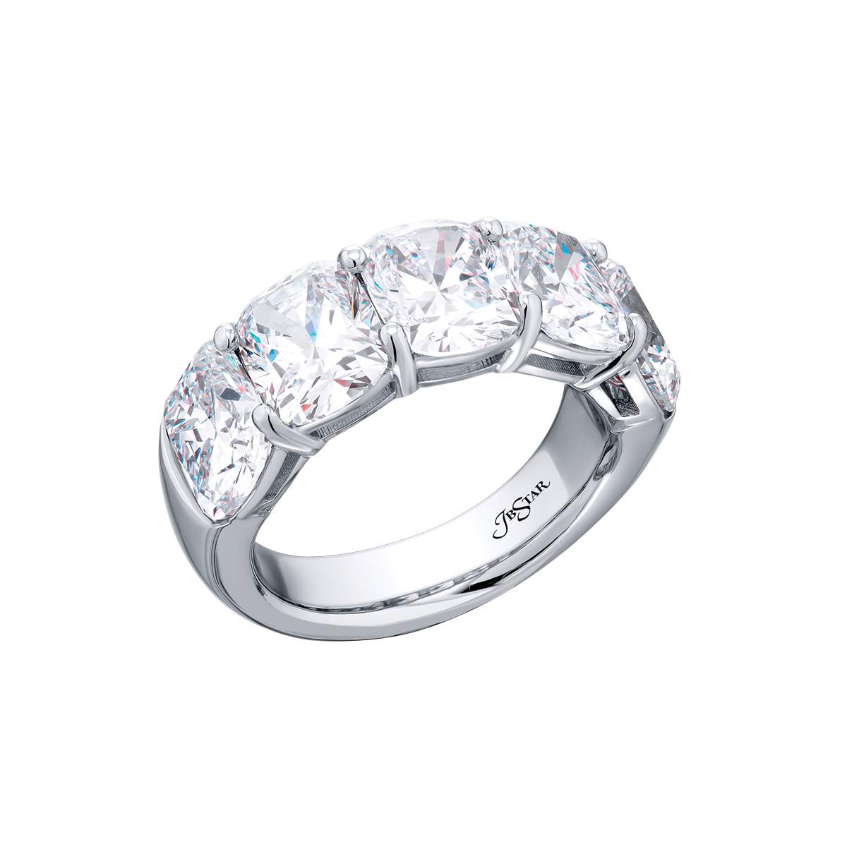 J.B. Star Cushion Cut Diamond 5 Stone Shared Prong Wedding Band in Platinum, 7.60 cttw