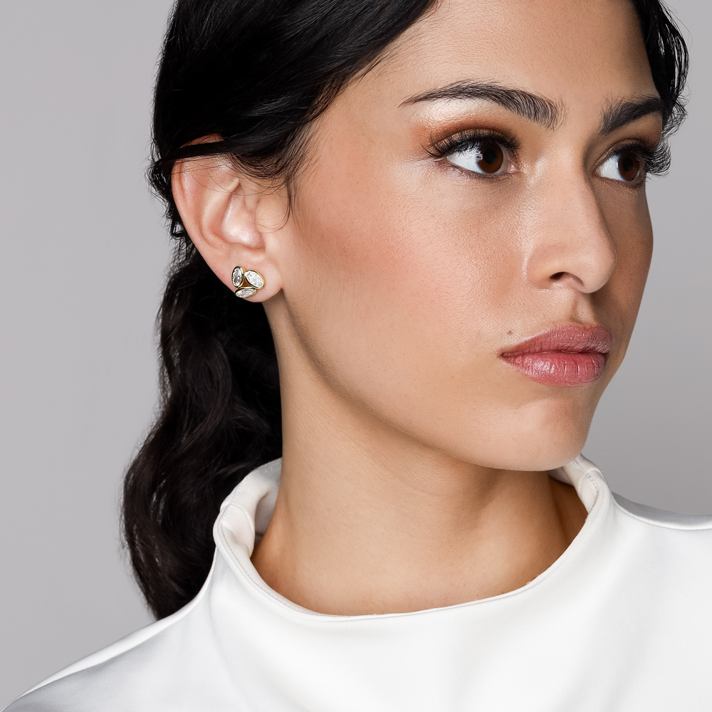 Rahaminov Bezel Set Oval Diamond Trio Cluster Stud Earrings in Yellow Gold