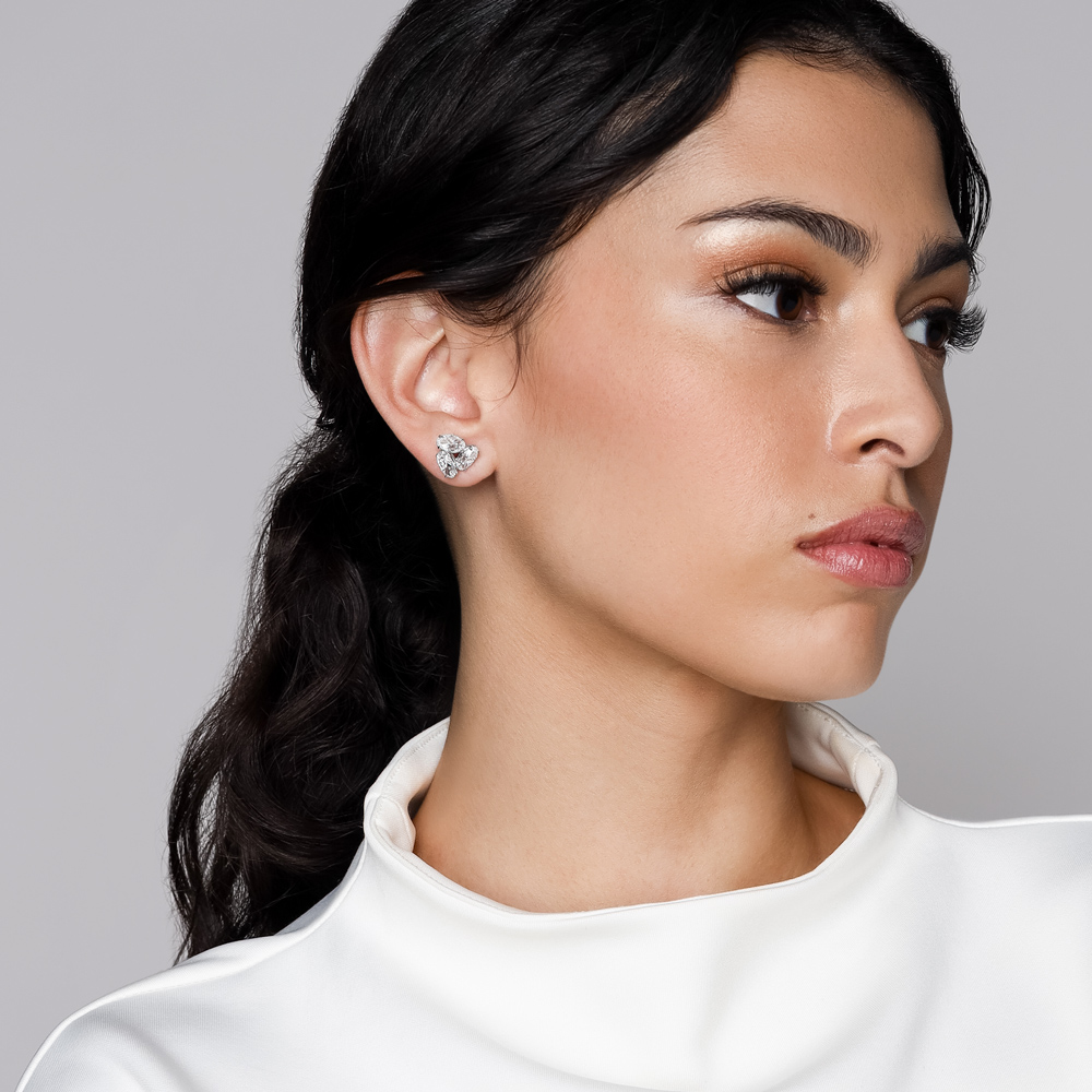 Rahaminov Oval Diamond Trio Cluster Stud Earrings in White Gold